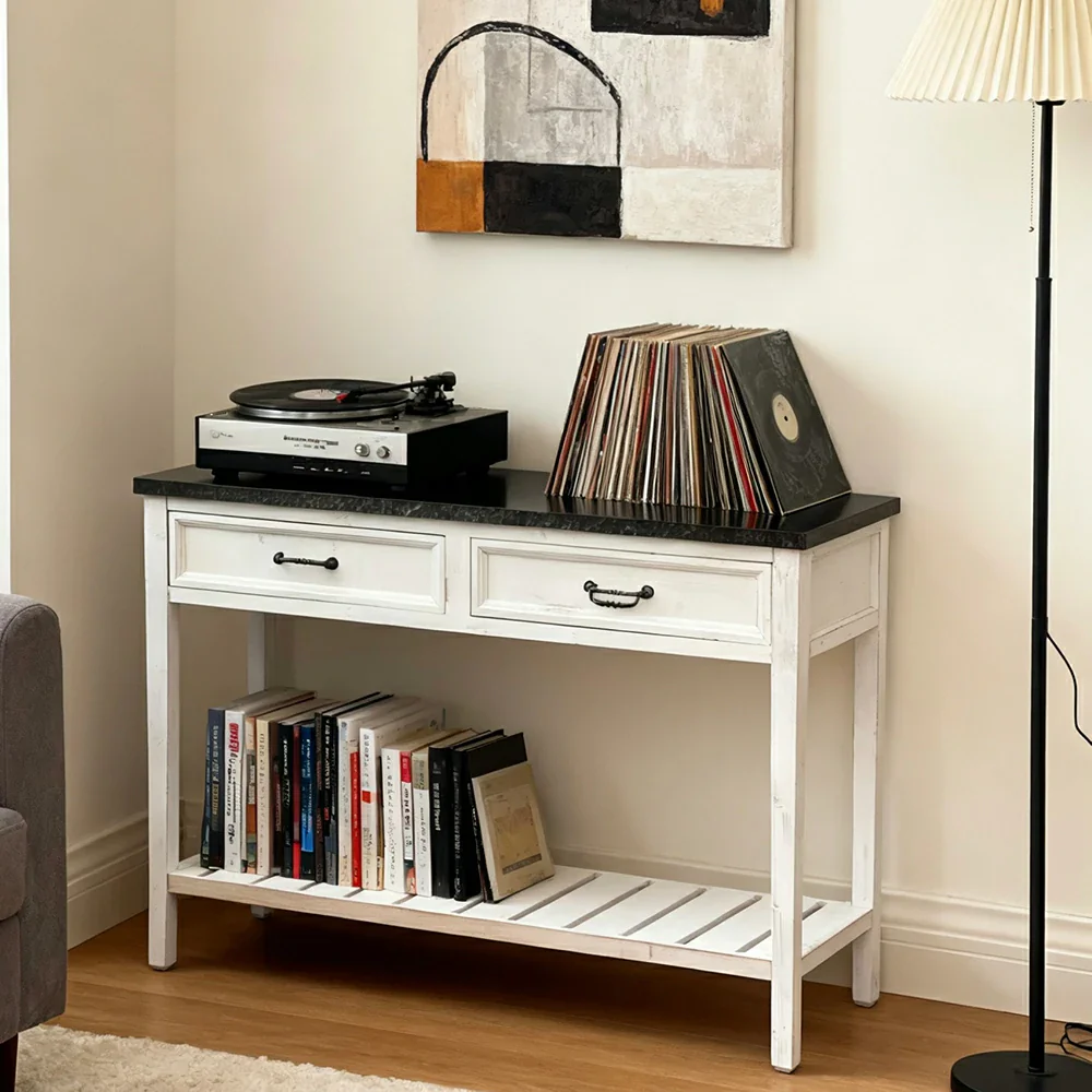 LIVARA Vintage Console Table Desk with Drawers Solid Wood Rustic Entryway Table with Lower Shelf - Image 4