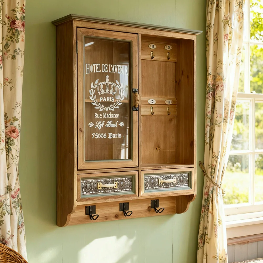 LIVARA Vintage Wall Mounted Display Cabinet Storage Organizer Solid Wood and Glass Rustic Decorative Cabinet - Image 4