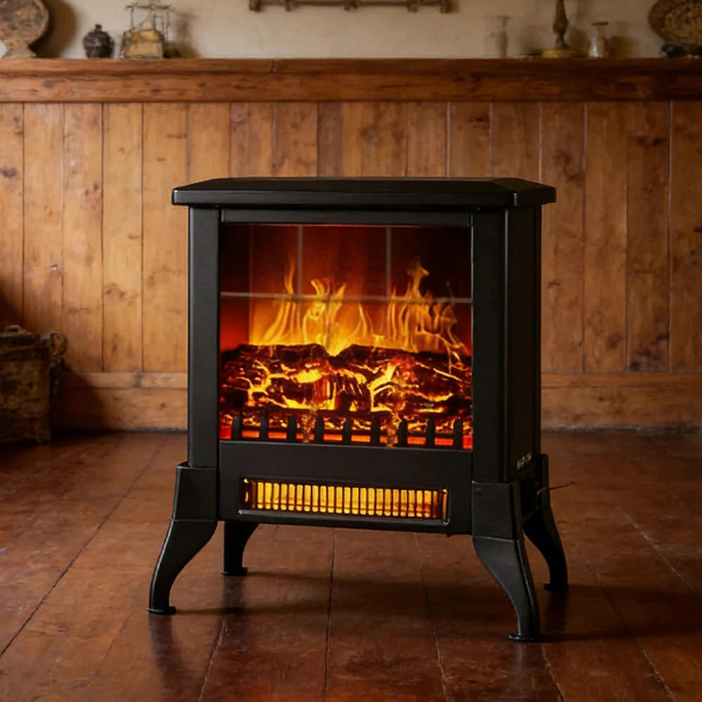 LIVARA 14-Inch Electric Fireplace Heater 3D Flame Effect 1800W Indoor Space Heater Tempered Glass Steel Body Quiet Operation - Black - Image 2