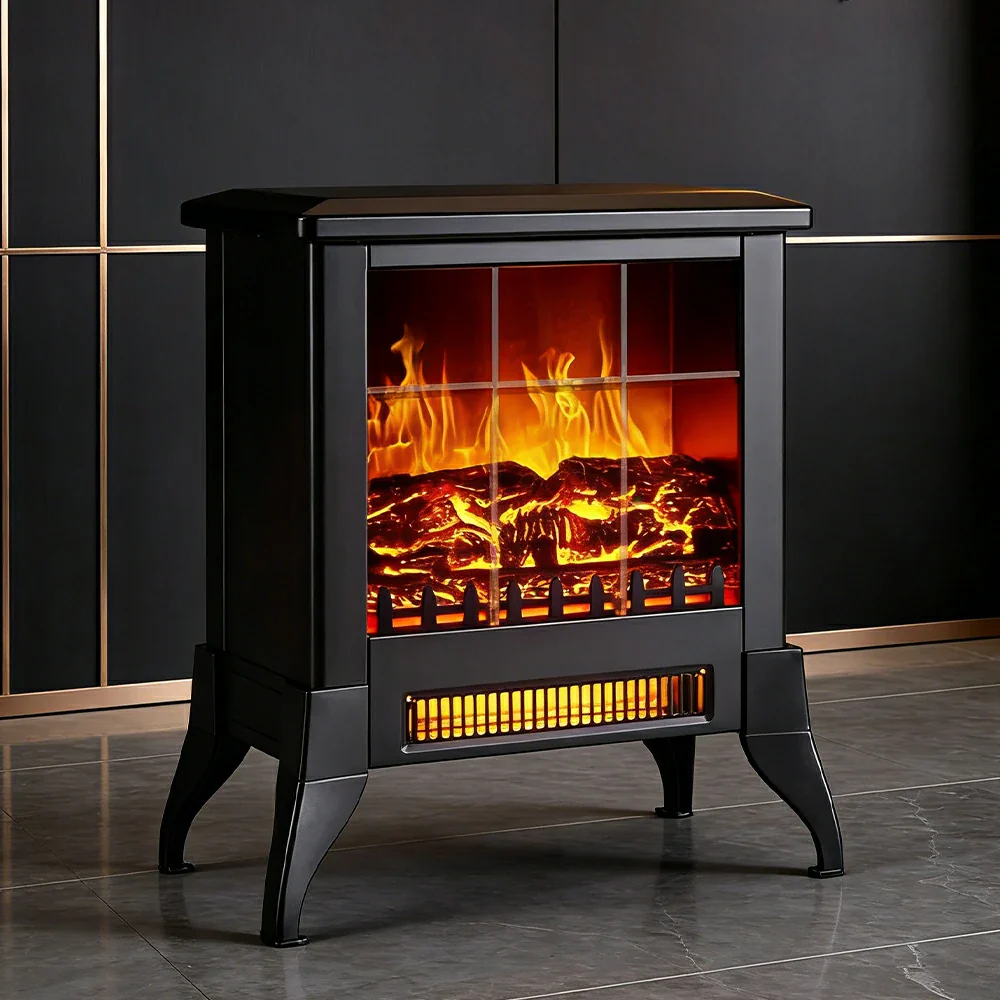 LIVARA 14-Inch Electric Fireplace Heater 3D Flame Effect 1800W Indoor Space Heater Tempered Glass Steel Body Quiet Operation - Black - Image 4