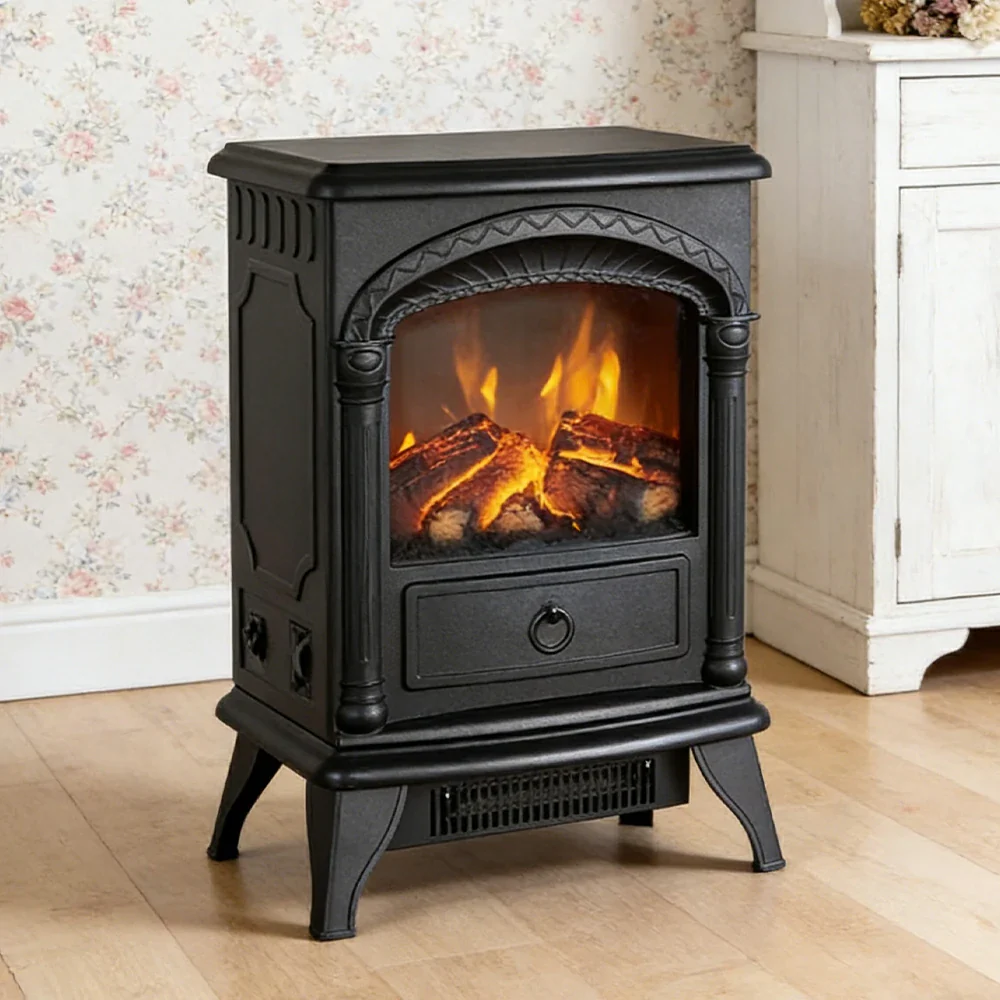 LIVARA 15-Inch Electric Fireplace Heater 3D Flame Effect 1800W Indoor Space Heater Tempered Glass Steel Body Quiet Operation - Black - Image 4