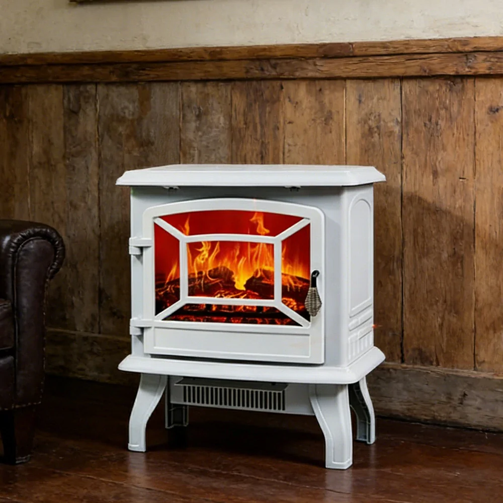 LIVARA 17-Inch Electric Fireplace Heater 3D Flame Effect 1800W Indoor Space Heater Tempered Glass Steel Body Quiet Operation - White - Image 4