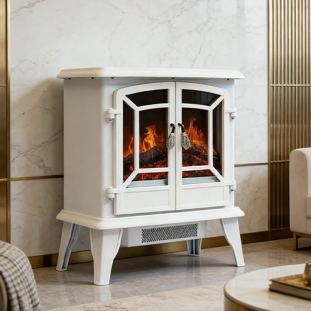 LIVARA 20-Inch Electric Fireplace Heater 3D Flame Effect 1800W Indoor Space Heater Tempered Glass Steel Body Quiet Operation - White - Image 4
