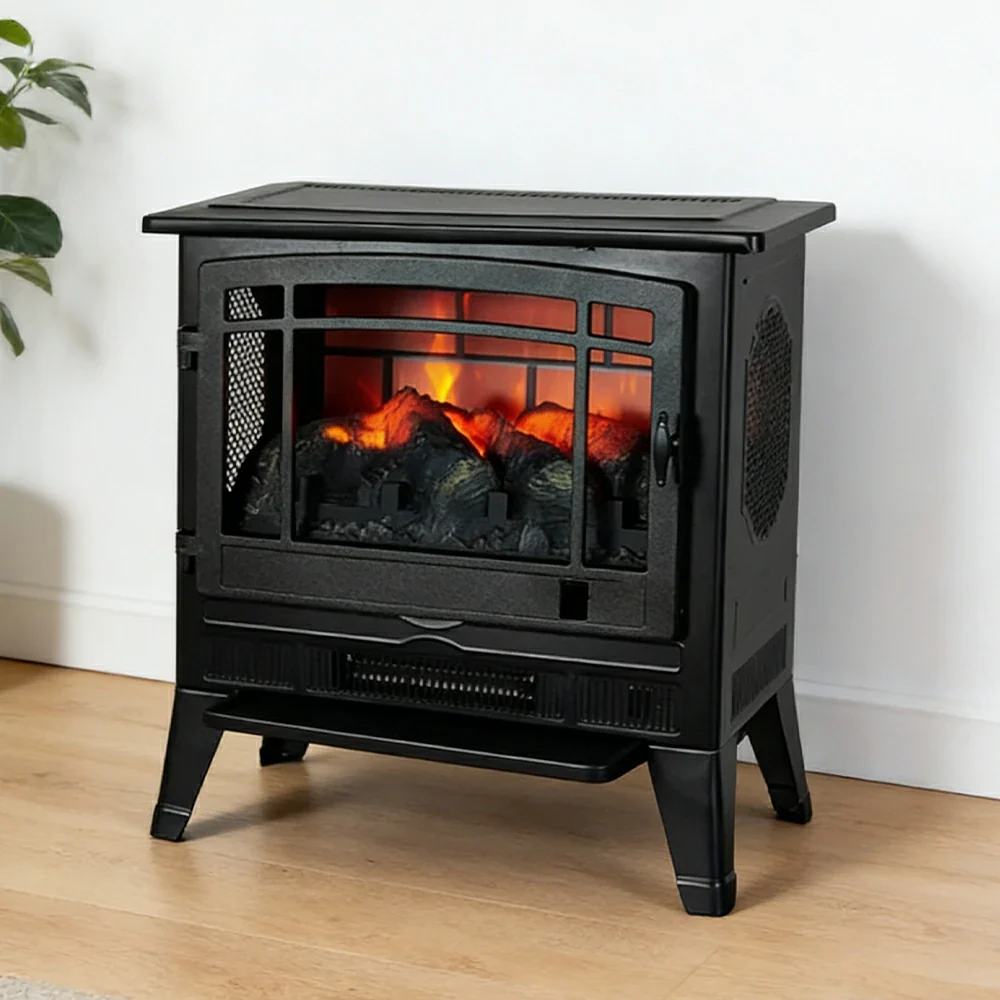 LIVARA 23-Inch Electric Fireplace Heater 3D Flame Effect 1800W Indoor Space Heater Tempered Glass Steel Body Quiet Operation - Black - Image 2