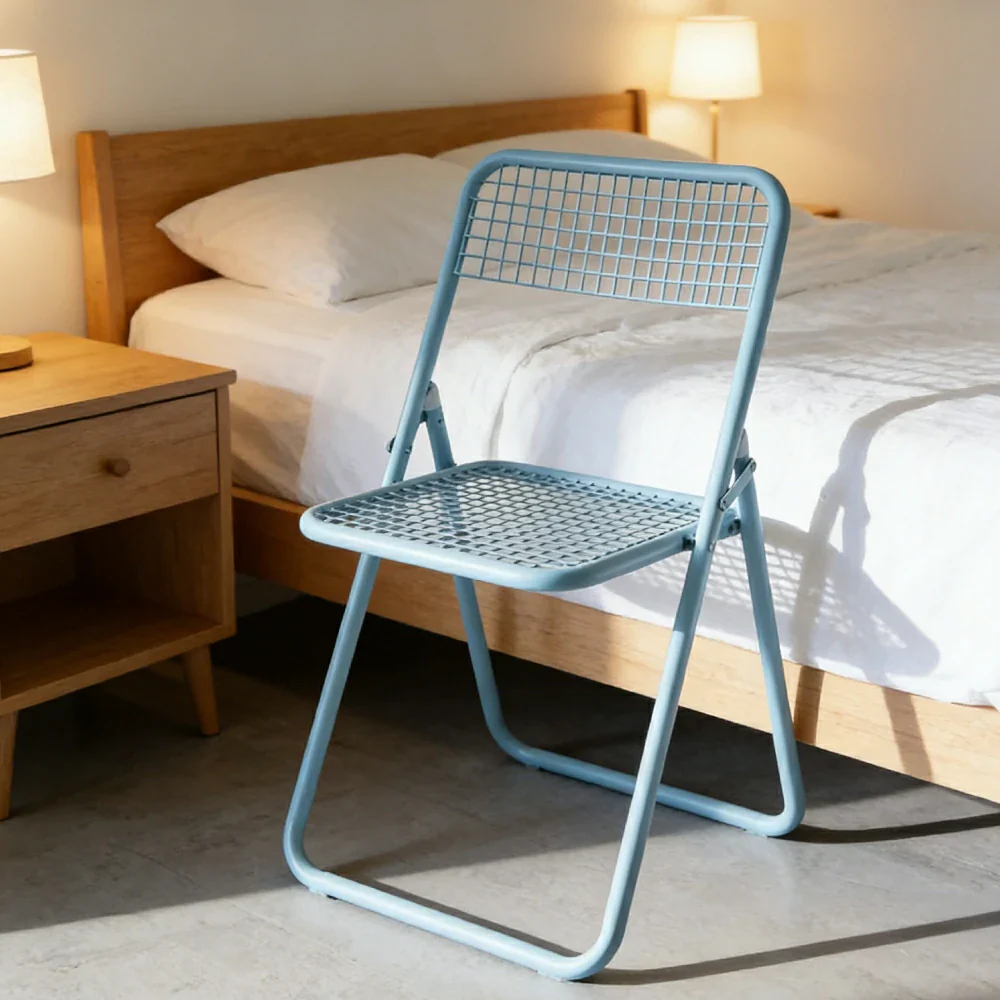 LIVARA Folding Study Chair - Space Saving Mesh Seat Iron Frame Chair, Heavy Duty 150kg Support Stackable Design - Blue - Image 2