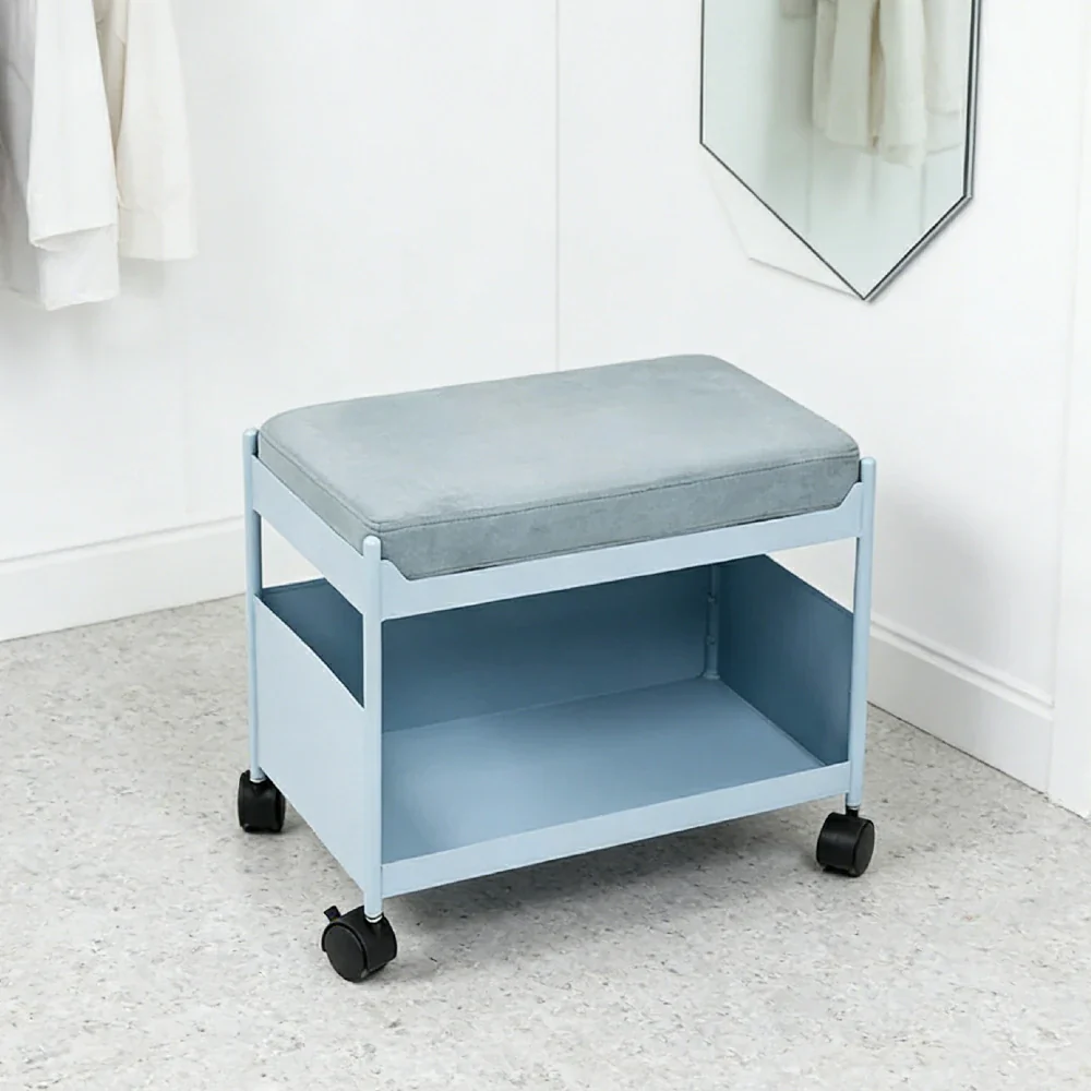 LIVARA Mobile Storage Ottoman Trolley - Iron Frame Rolling Side Table with Cushion Seat Organiser Cart Design - Blue - Image 2
