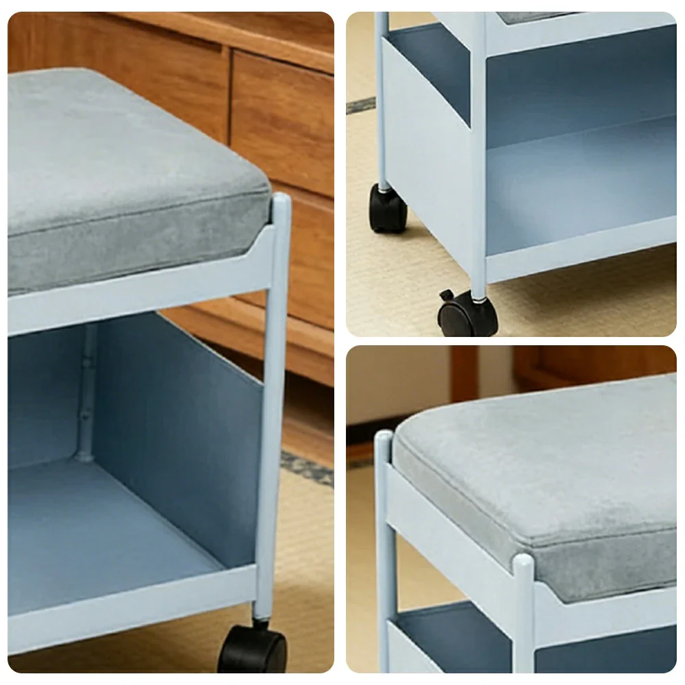 LIVARA Mobile Storage Ottoman Trolley - Iron Frame Rolling Side Table with Cushion Seat Organiser Cart Design - Blue - Image 3