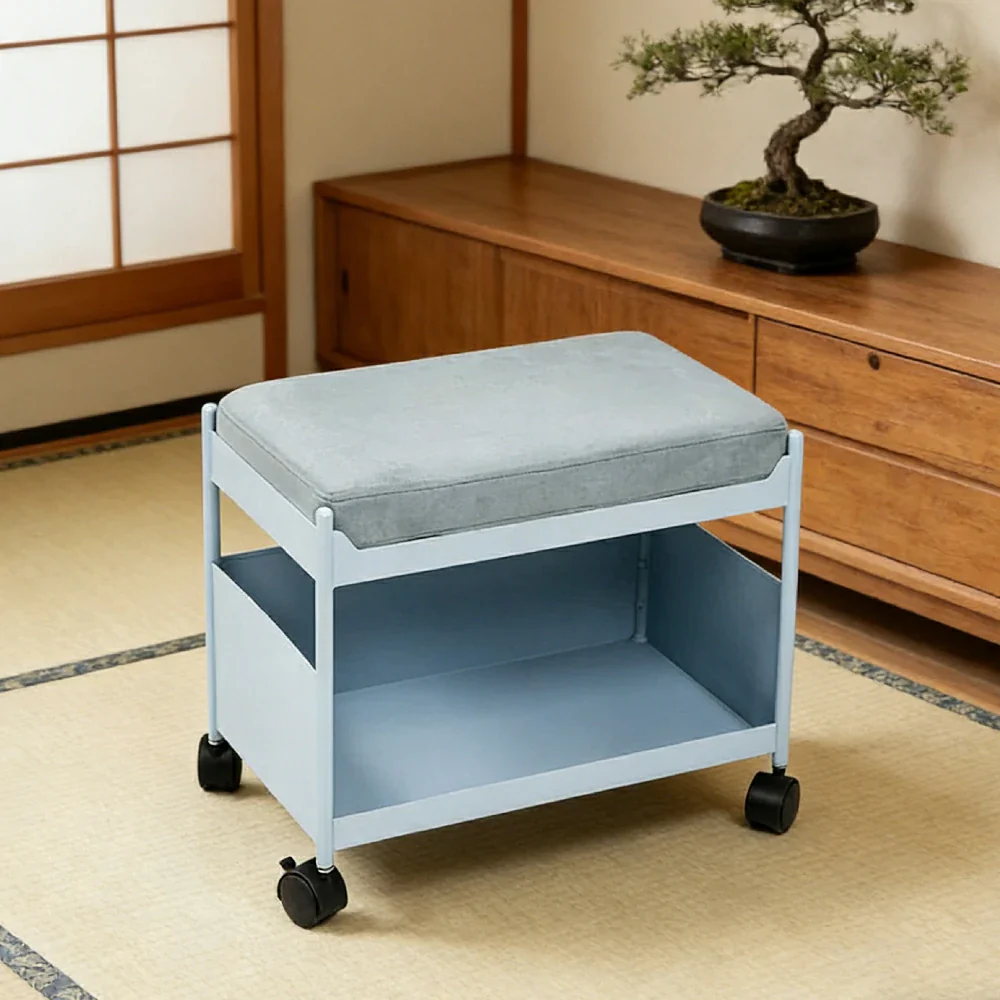 LIVARA Mobile Storage Ottoman Trolley - Iron Frame Rolling Side Table with Cushion Seat Organiser Cart Design - Blue - Image 4