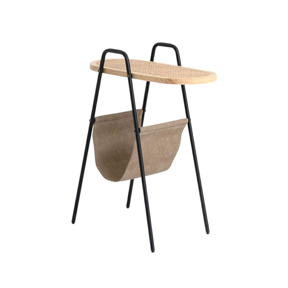 LIVARA Rattan Magazine Side Table - Storage Rack with Leather Pocket, Solid Wood Top Iron Frame Bedside Table - Black