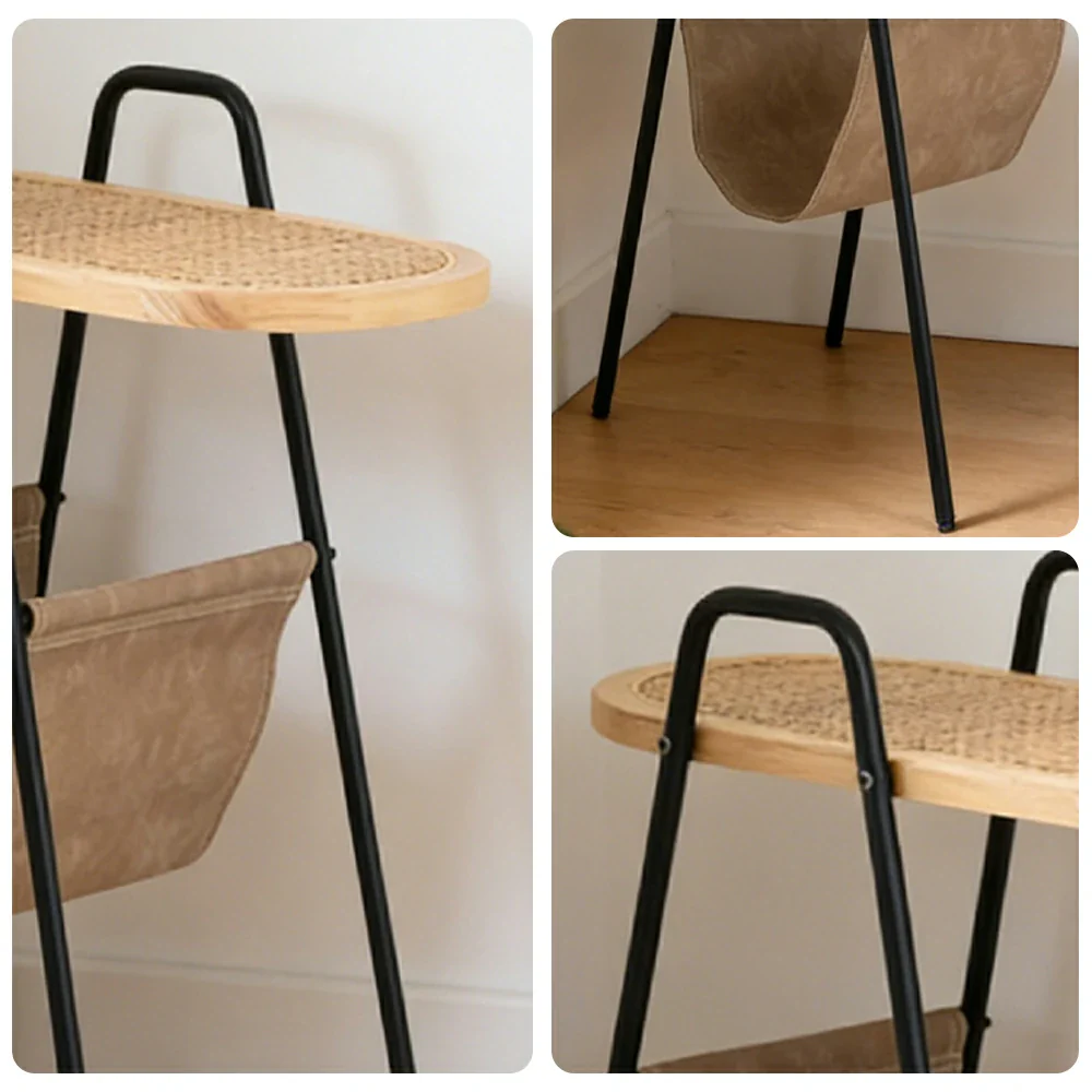 LIVARA Rattan Magazine Side Table - Storage Rack with Leather Pocket, Solid Wood Top Iron Frame Bedside Table - Black - Image 3