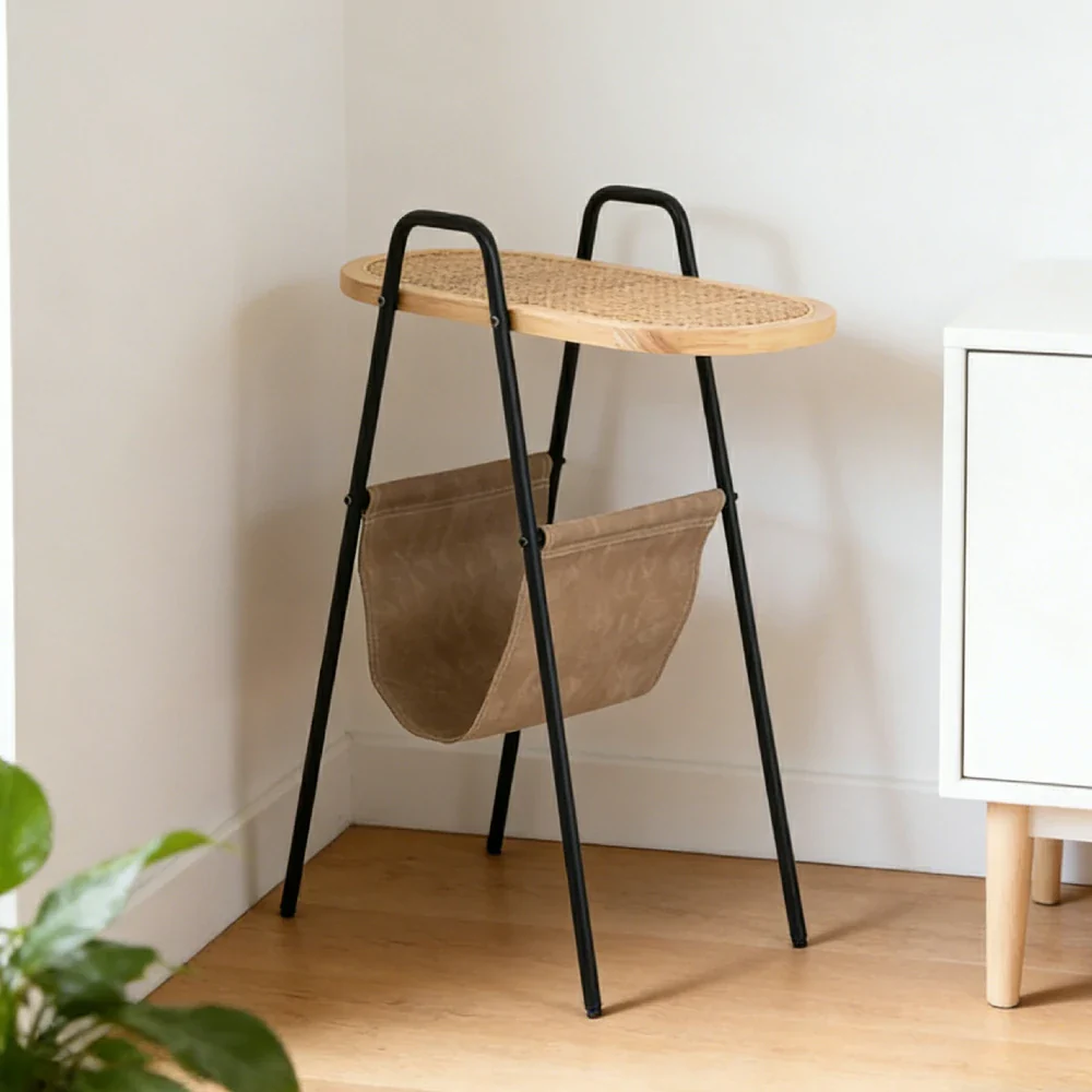 LIVARA Rattan Magazine Side Table - Storage Rack with Leather Pocket, Solid Wood Top Iron Frame Bedside Table - Black - Image 4
