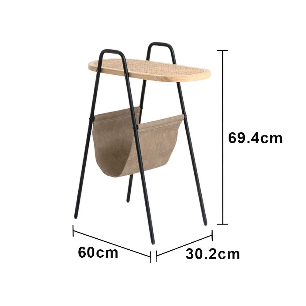 LIVARA Rattan Magazine Side Table - Storage Rack with Leather Pocket, Solid Wood Top Iron Frame Bedside Table - Black - Image 5