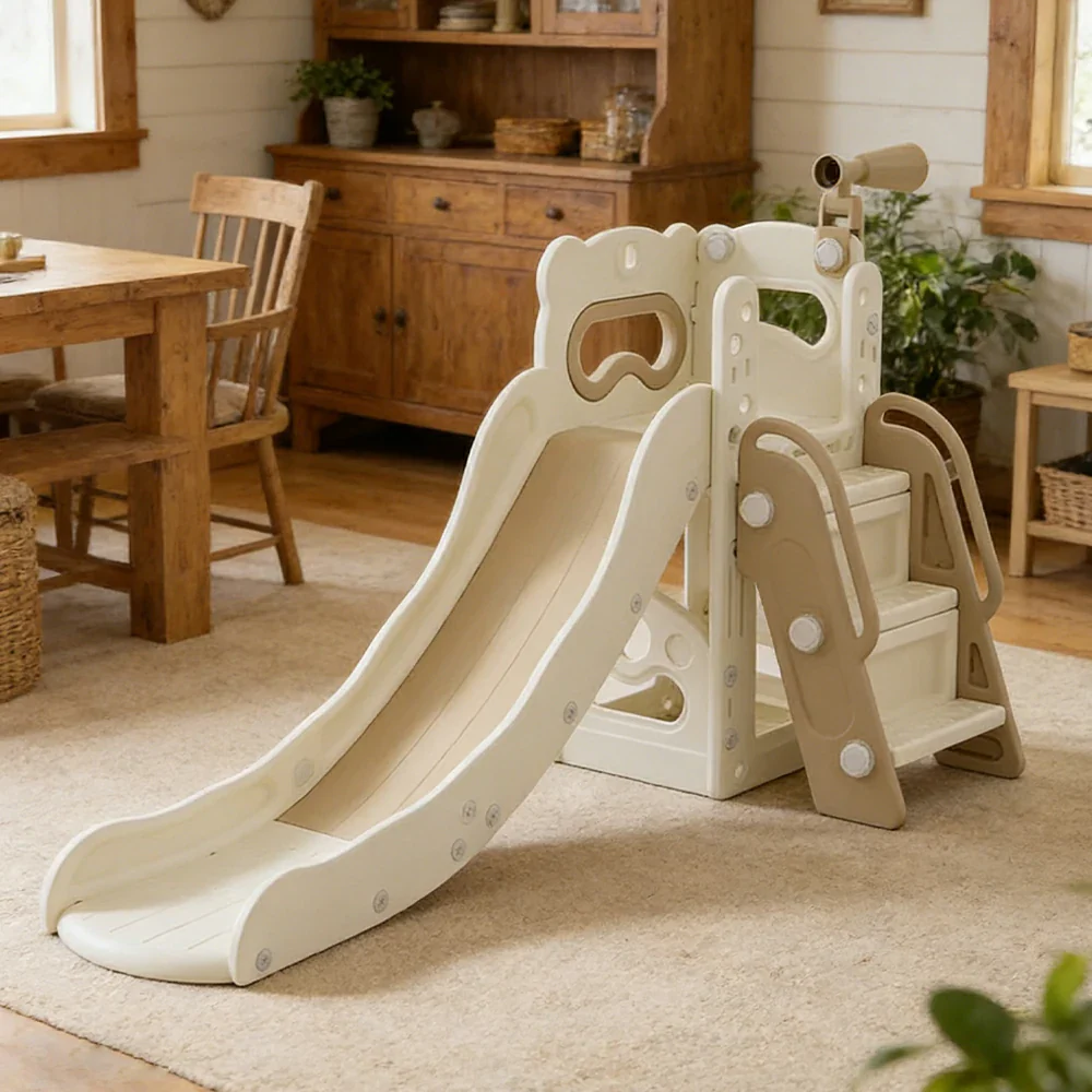 LIVARA Kids Slide Three-Section Long Slide Anti-Slip Steps Reinforced Frame Space-Saving Foldable Design - Khaki - Image 2