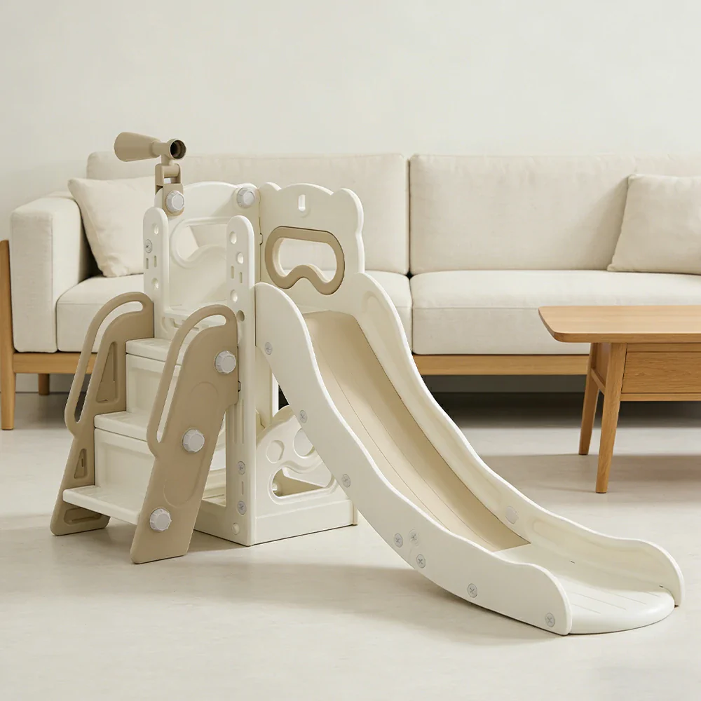 LIVARA Kids Slide Three-Section Long Slide Anti-Slip Steps Reinforced Frame Space-Saving Foldable Design - Khaki - Image 4