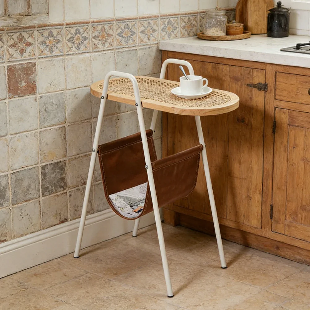 LIVARA Rattan Magazine Side Table - Storage Rack with Leather Pocket, Solid Wood Top Iron Frame Bedside Table - White - Image 2