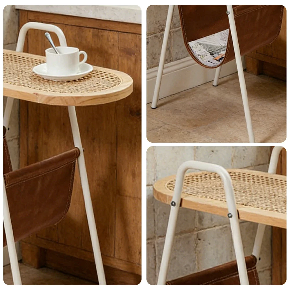 LIVARA Rattan Magazine Side Table - Storage Rack with Leather Pocket, Solid Wood Top Iron Frame Bedside Table - White - Image 3