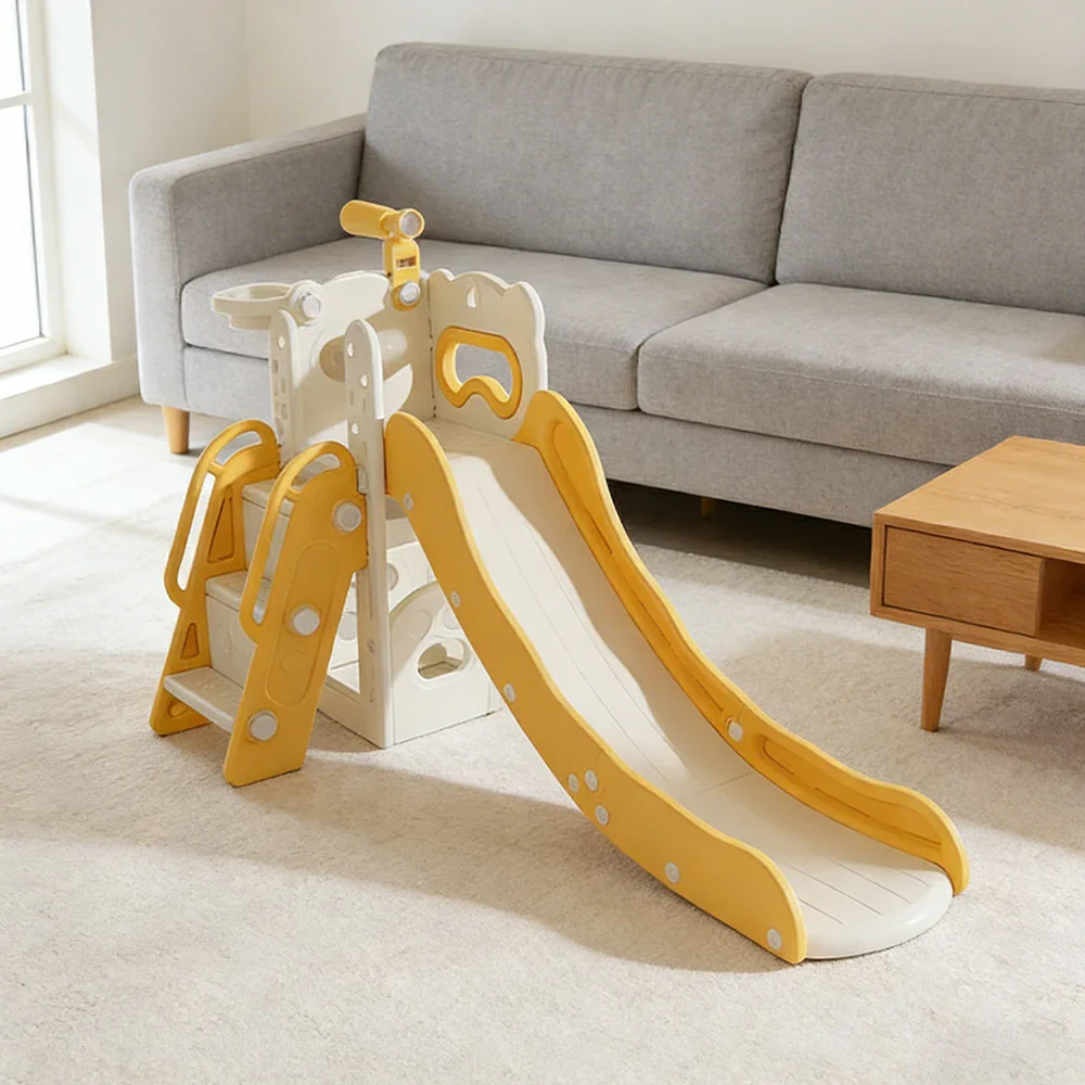 LIVARA Kids Slide Three-Section Long Slide Anti-Slip Steps Reinforced Frame Space-Saving Foldable Design - Yellow - Image 2