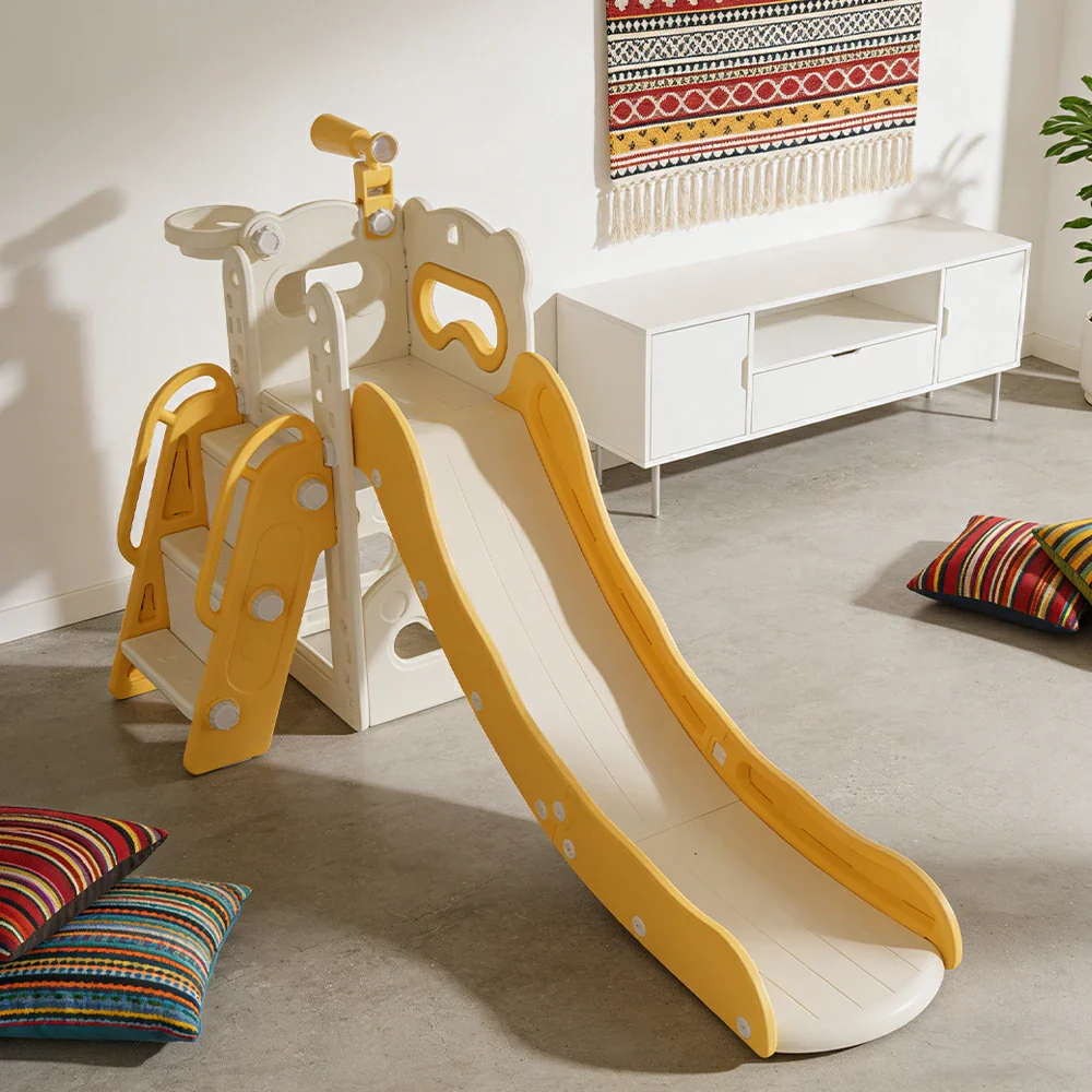 LIVARA Kids Slide Three-Section Long Slide Anti-Slip Steps Reinforced Frame Space-Saving Foldable Design - Yellow - Image 4