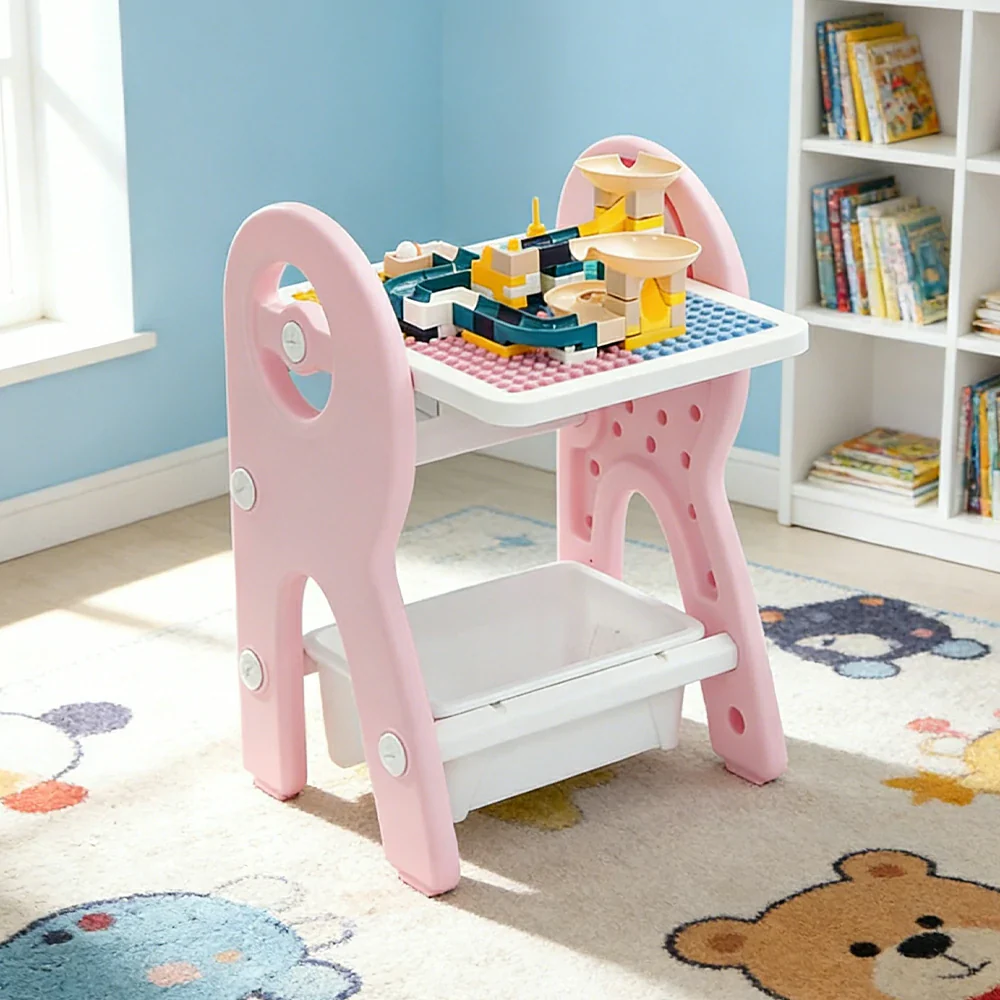 LIVARA Dual-purpose Art Table, Building Blocks Play, Ergonomic Design, Smooth Rounded Surface, Convenient Storage Drawer - Pink - Image 2