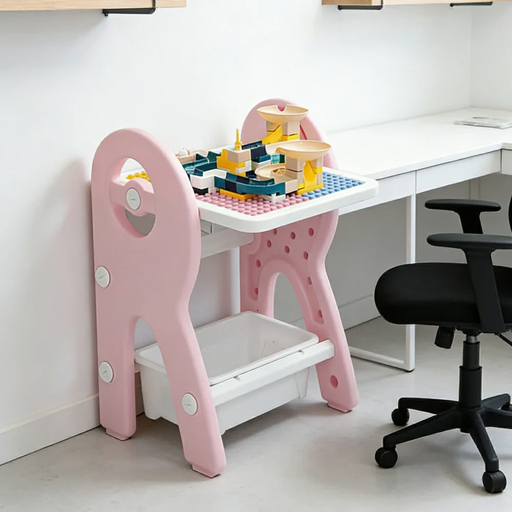 LIVARA Dual-purpose Art Table, Building Blocks Play, Ergonomic Design, Smooth Rounded Surface, Convenient Storage Drawer - Pink - Image 4