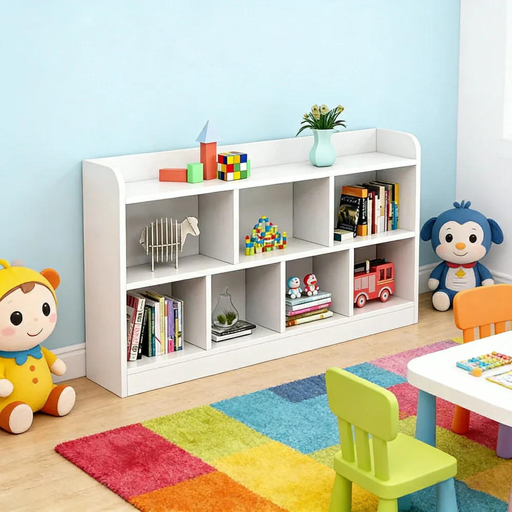 LIVARA Solid Wood 2-Tier Toy Storage Cabinet 80/100cm - Large Open Shelves, Child-Safe Rounded Design, Eco Board Kids Organiser - White - Image 7