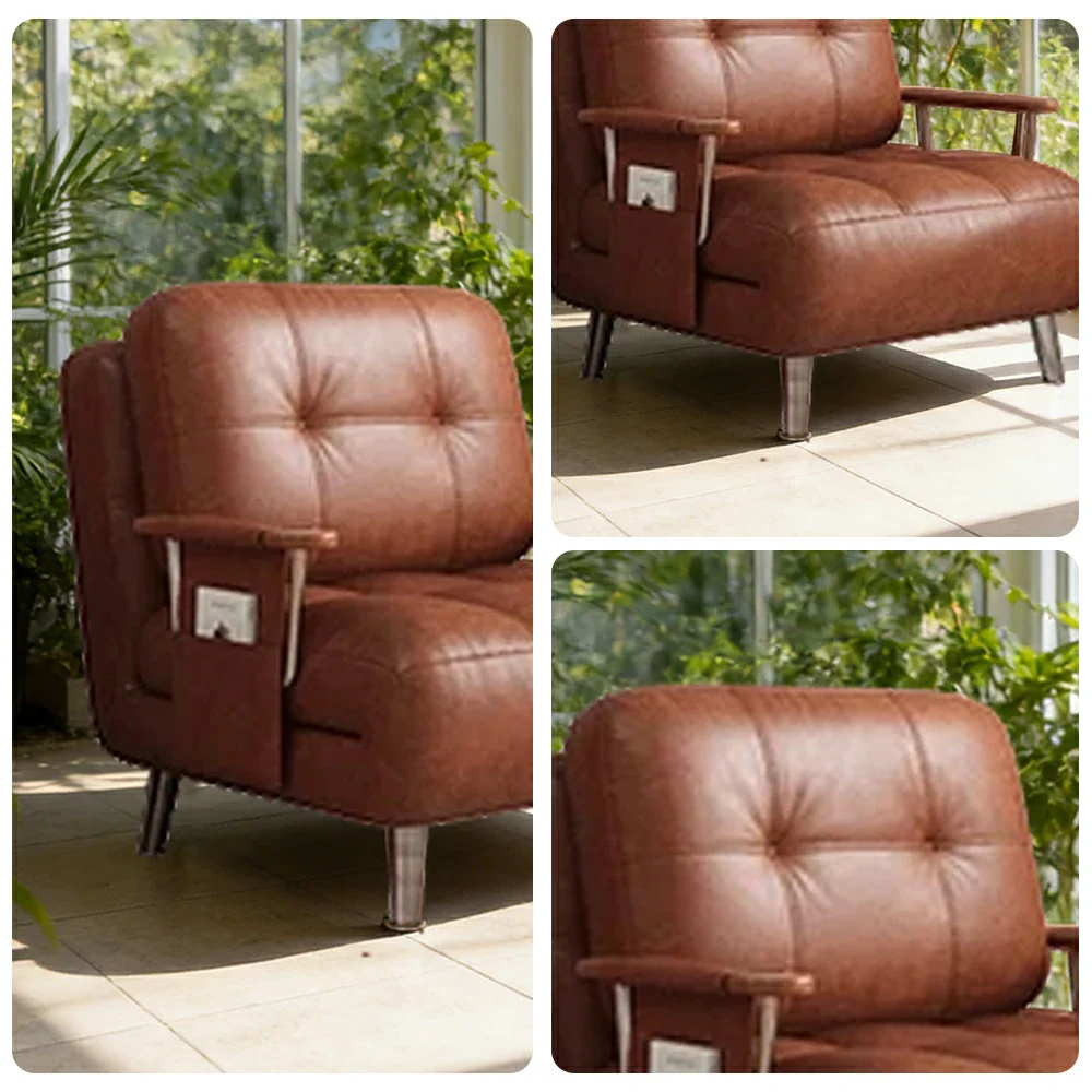 LIVARA 100/120cm Convertible Sofa Bed, Vintage Oil-Waxed Leather, Dust-Free High-Resilience Foam, 3-Mode Adjustable Design - Brown - Image 3