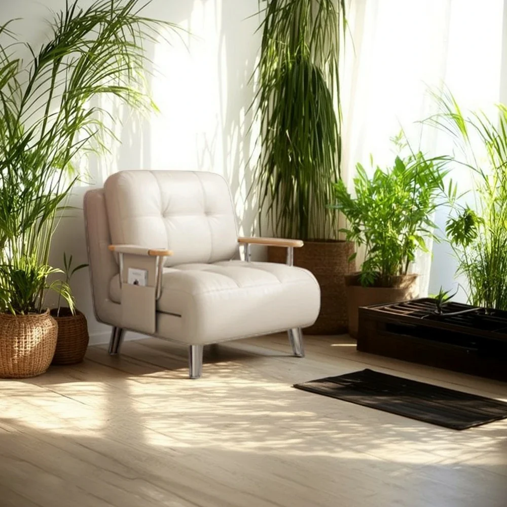 LIVARA 100/120cm Convertible Sofa Bed, Pet-Friendly Scratch-Resistant Fabric, Dust-Free High-Resilience Foam, 3-Mode Adjustable Design - White - Image 4