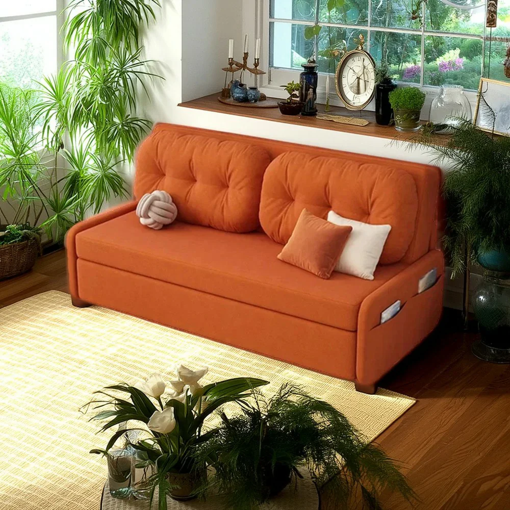 LIVARA 100/120cm Sofa Bed, Skin-Friendly Milk Velvet Fabric, No Storage Design, 8cm Comfort Foam Cushion, Space-Saving Pull-Out Style - Orange - Image 4