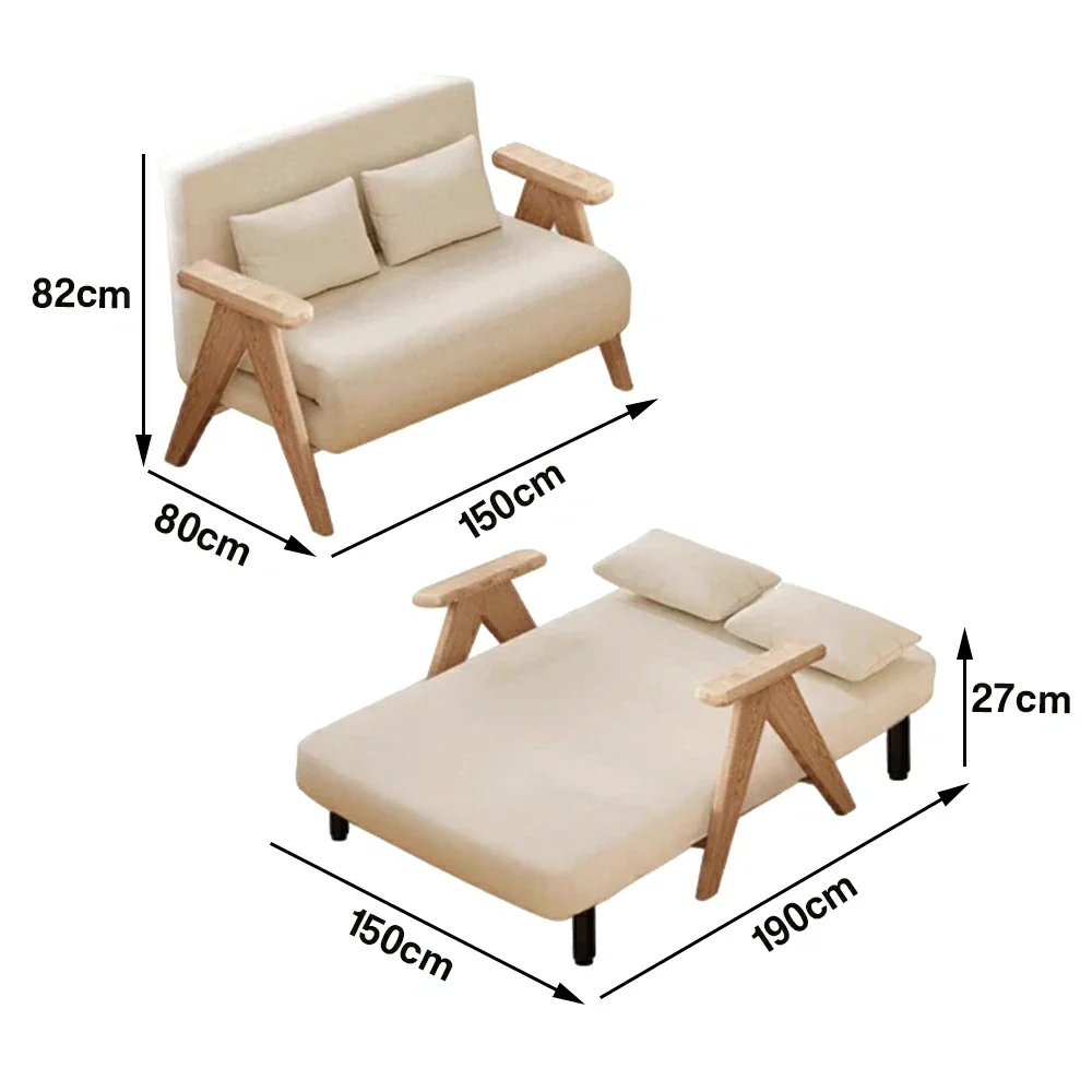LIVARA 3-in-1 120/150cm Sofa Bed Recliner, High-Density Foam, Waterproof, Anti-Sagging, Modern Design - Beige&Wood - Image 6