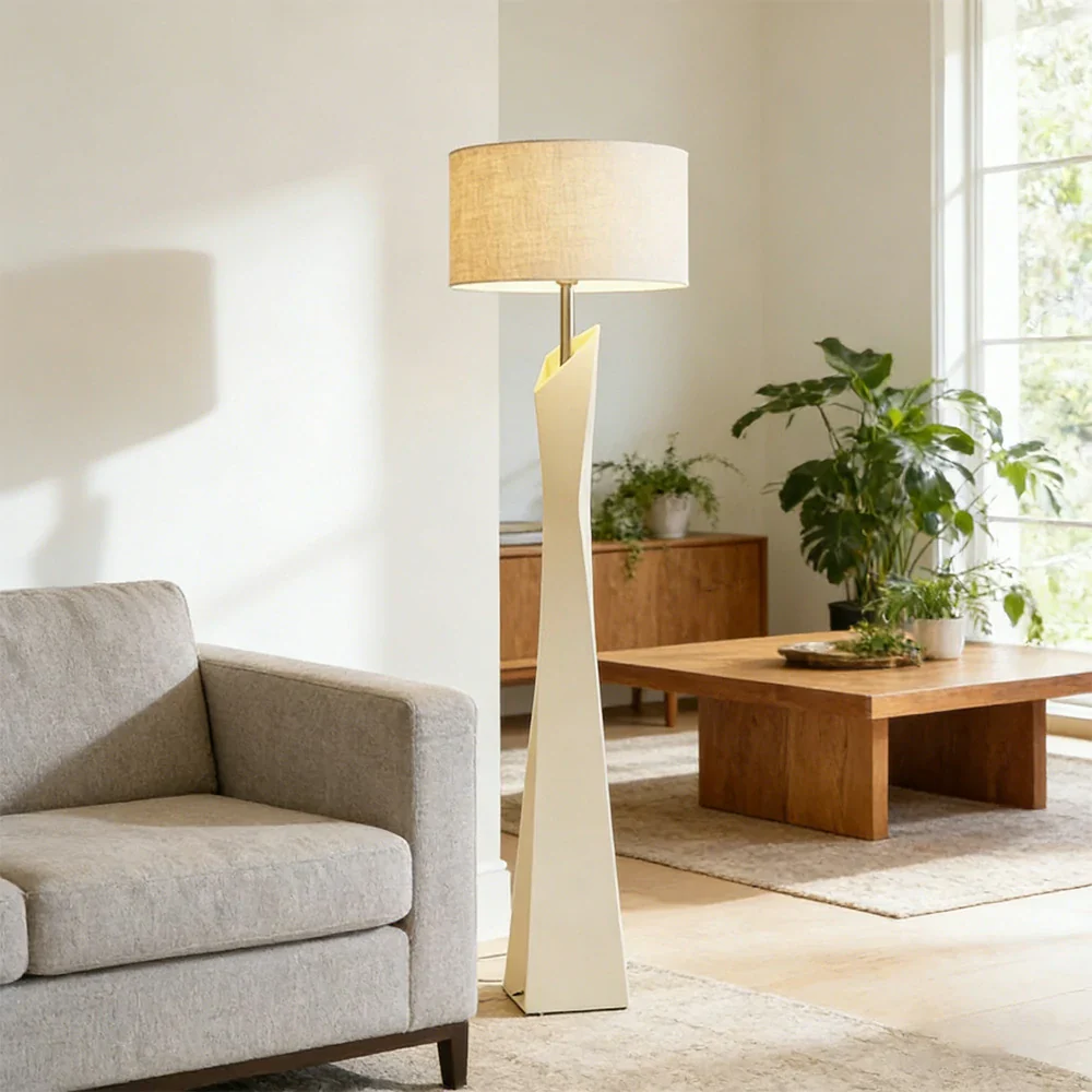 LIVARA Modern Floor Lamp Soft Ambient Light Cylindrical Linen Shade Resin Frame Elegant Style - White - Image 2