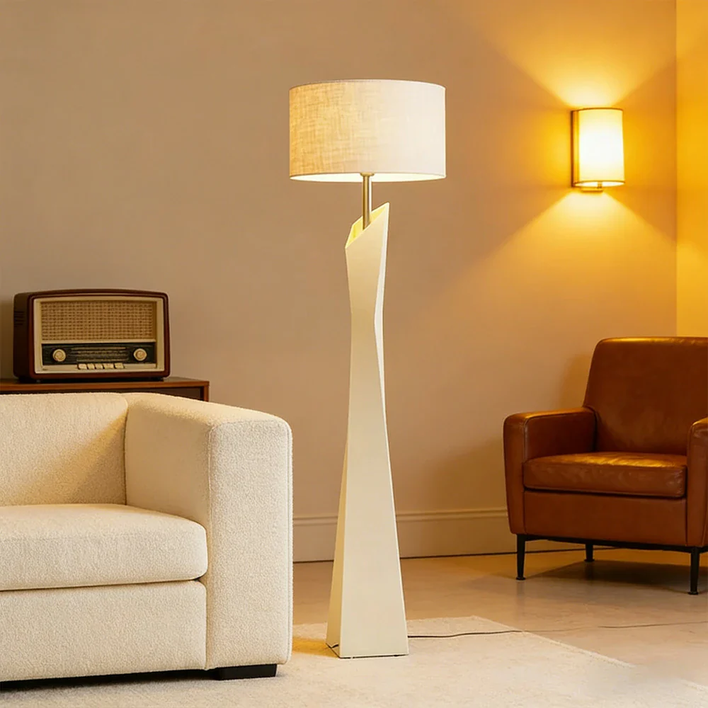 LIVARA Modern Floor Lamp Soft Ambient Light Cylindrical Linen Shade Resin Frame Elegant Style - White - Image 4