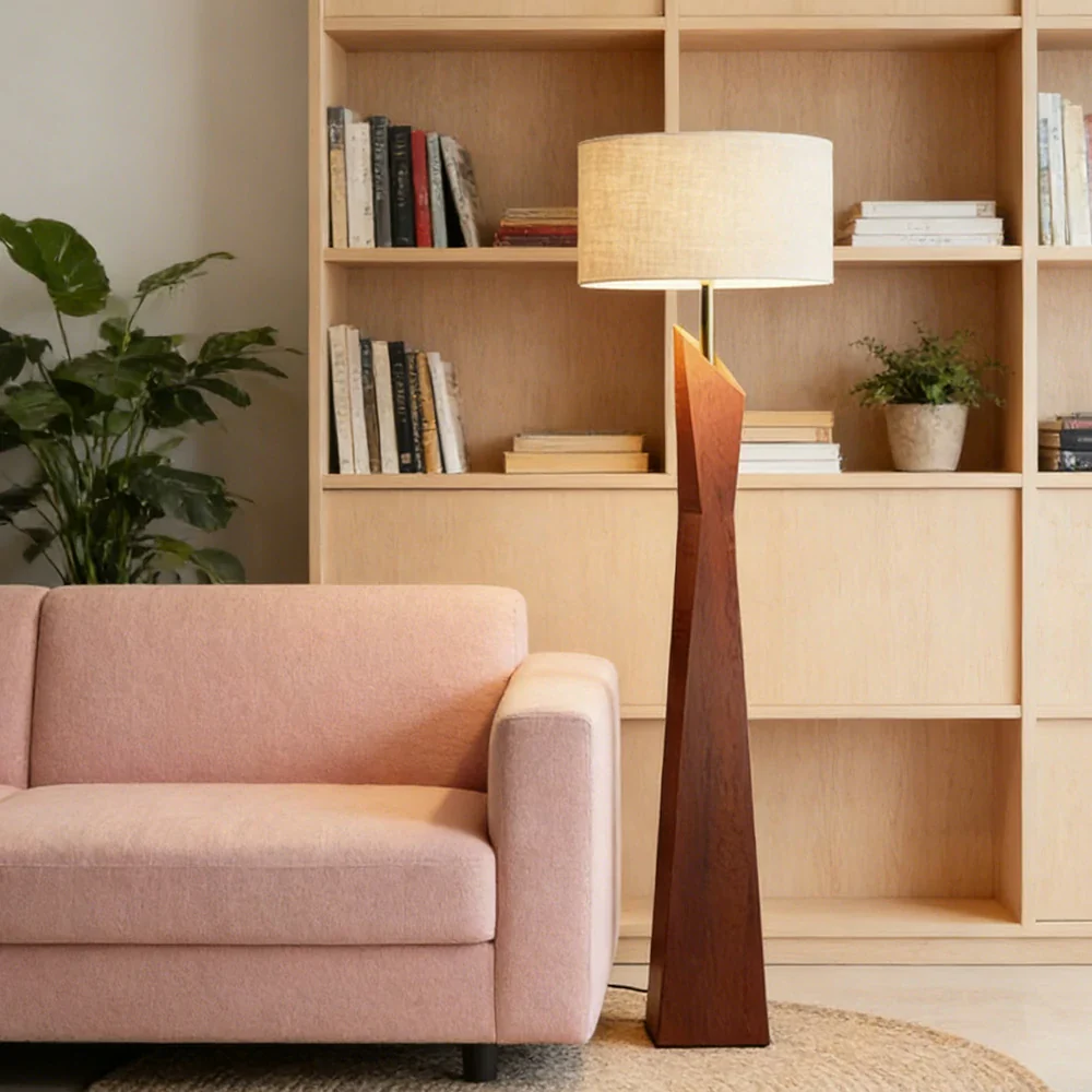 LIVARA Modern Floor Lamp Soft Ambient Light Cylindrical Linen Shade Resin Frame Elegant Style - Walnut - Image 2