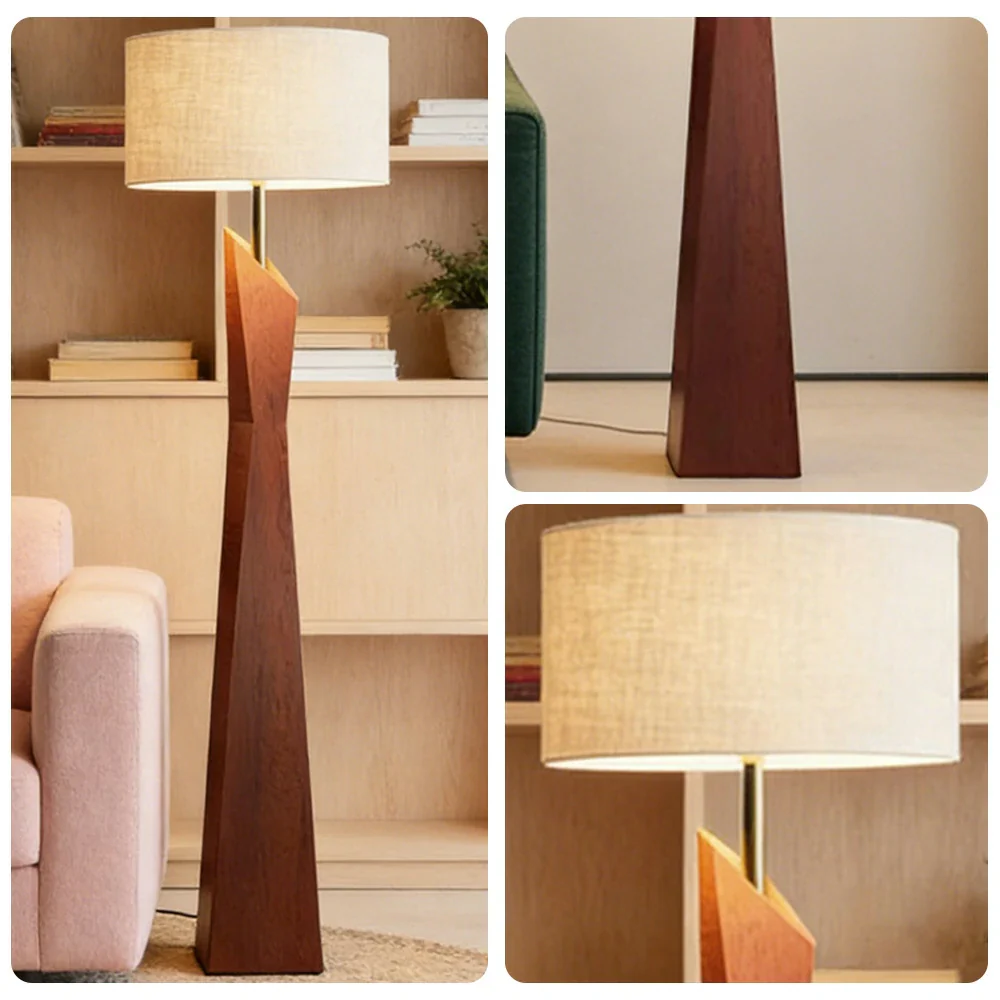 LIVARA Modern Floor Lamp Soft Ambient Light Cylindrical Linen Shade Resin Frame Elegant Style - Walnut - Image 3