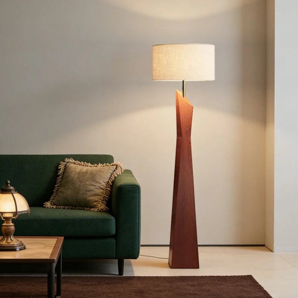 LIVARA Modern Floor Lamp Soft Ambient Light Cylindrical Linen Shade Resin Frame Elegant Style - Walnut - Image 4