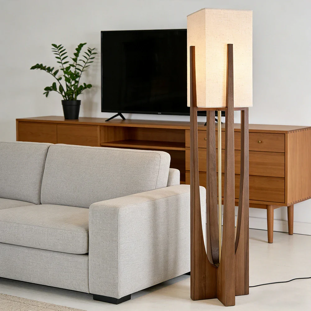 LIVARA Floor Lamp 52/82/145cm Soft Lighting Cotton-Linen Shade Ash Wood Body Brass Hardware Premium Design - Walnut - Image 12
