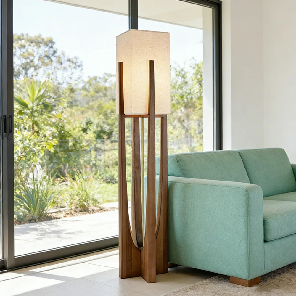LIVARA Floor Lamp 52/82/145cm Soft Lighting Cotton-Linen Shade Ash Wood Body Brass Hardware Premium Design - Walnut - Image 14