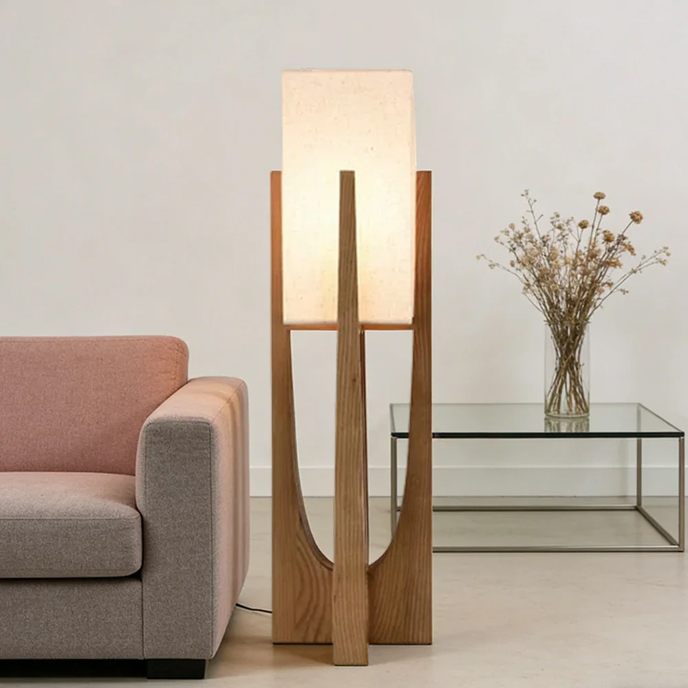 LIVARA Floor Lamp 52/82/145cm Soft Lighting Cotton-Linen Shade Ash Wood Body Brass Hardware Premium Design - Walnut - Image 9
