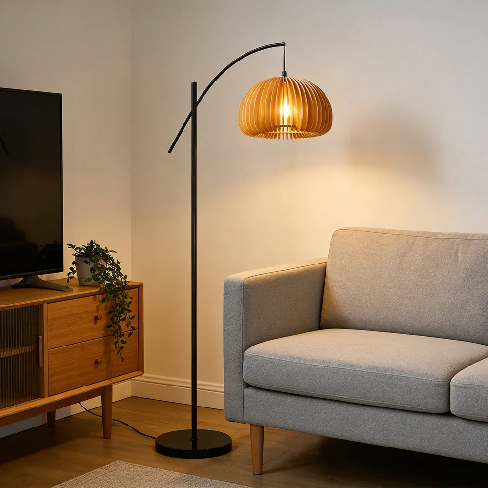 LIVARA Floor Lamp Soft Ambient Lighting Pumpkin-Style Shade Metal & Marble Base Premium Design - Black - Image 2