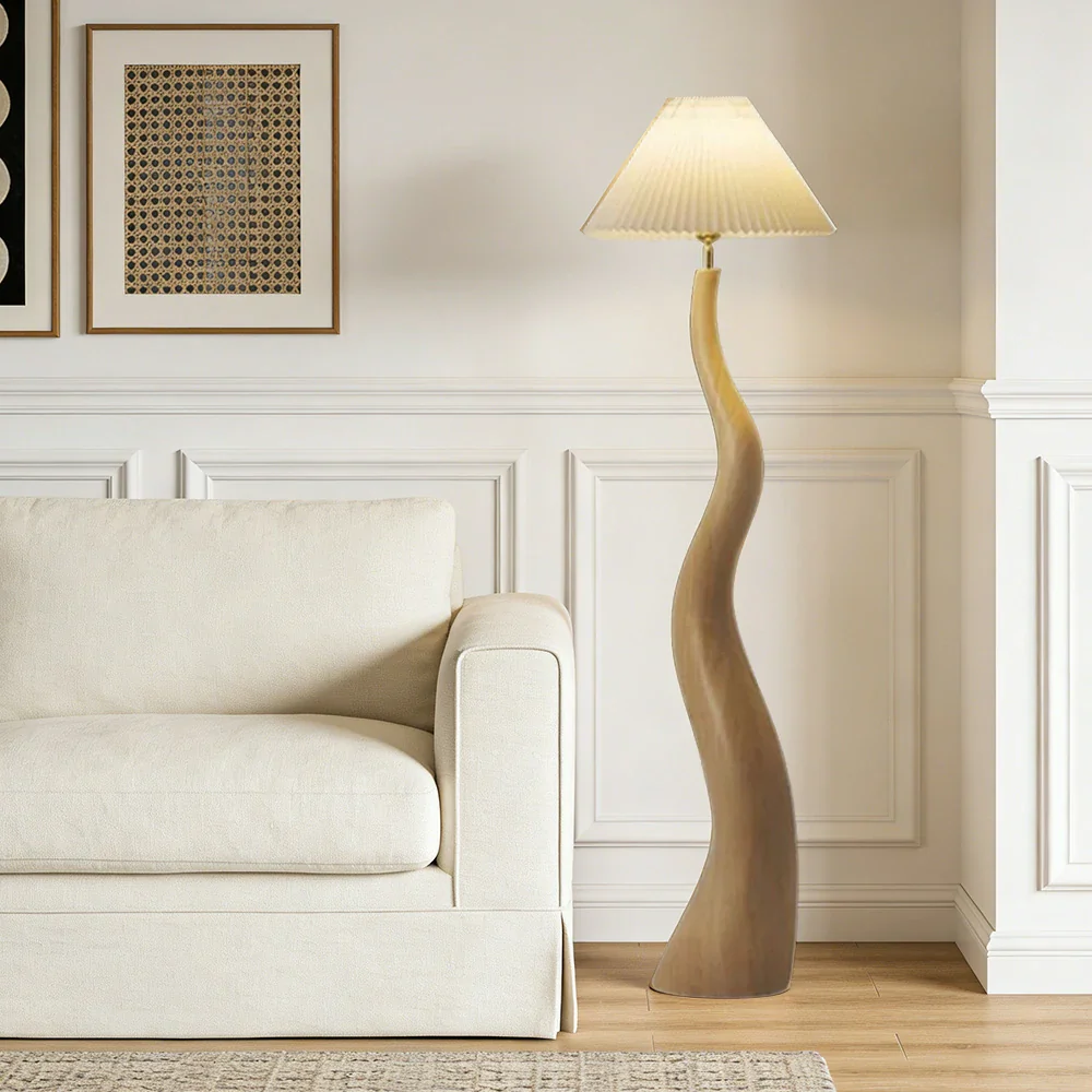 LIVARA Floor Lamp Adjustable Shade Soft Lighting Fabric & Resin Build Pleated Design - Wood - Image 2