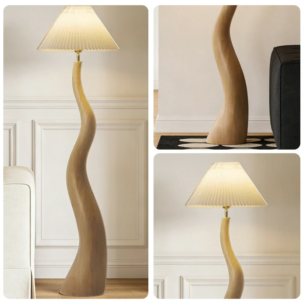 LIVARA Floor Lamp Adjustable Shade Soft Lighting Fabric & Resin Build Pleated Design - Wood - Image 3