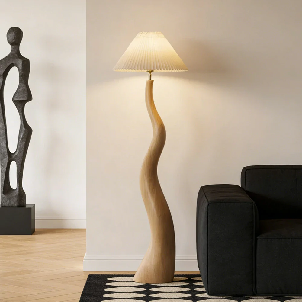 LIVARA Floor Lamp Adjustable Shade Soft Lighting Fabric & Resin Build Pleated Design - Wood - Image 4
