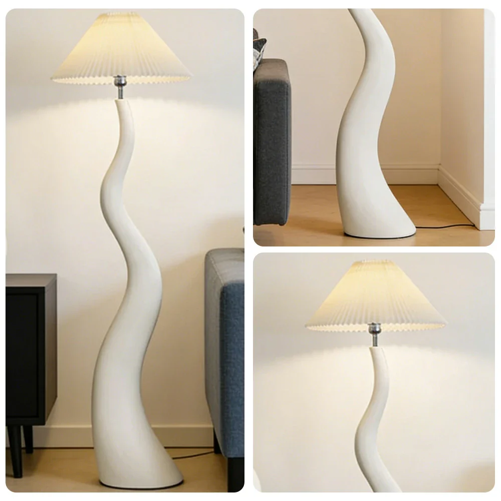 LIVARA Floor Lamp Adjustable Shade Soft Lighting Fabric & Resin Build Pleated Design - White - Image 3