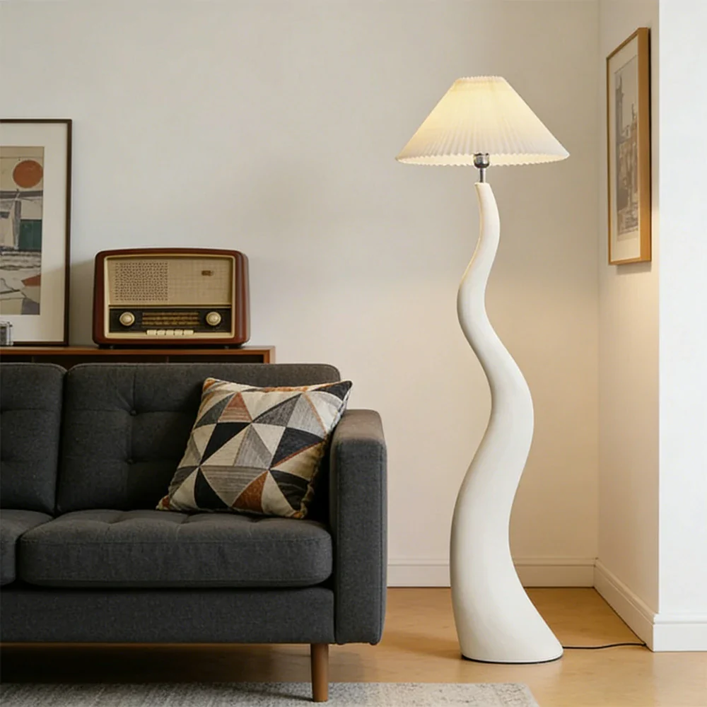 LIVARA Floor Lamp Adjustable Shade Soft Lighting Fabric & Resin Build Pleated Design - White - Image 4