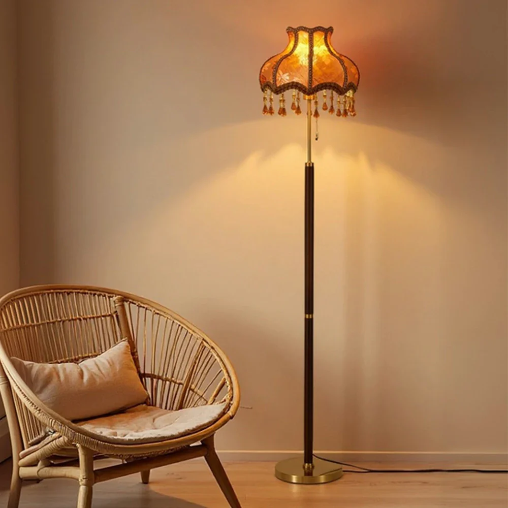 LIVARA Floor Lamp Soft Eye-Friendly Lighting Fabric Shade Brass Body Walnut Grain Base - Image 2