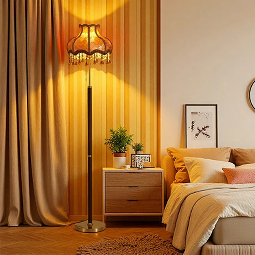 LIVARA Floor Lamp Soft Eye-Friendly Lighting Fabric Shade Brass Body Walnut Grain Base - Image 4