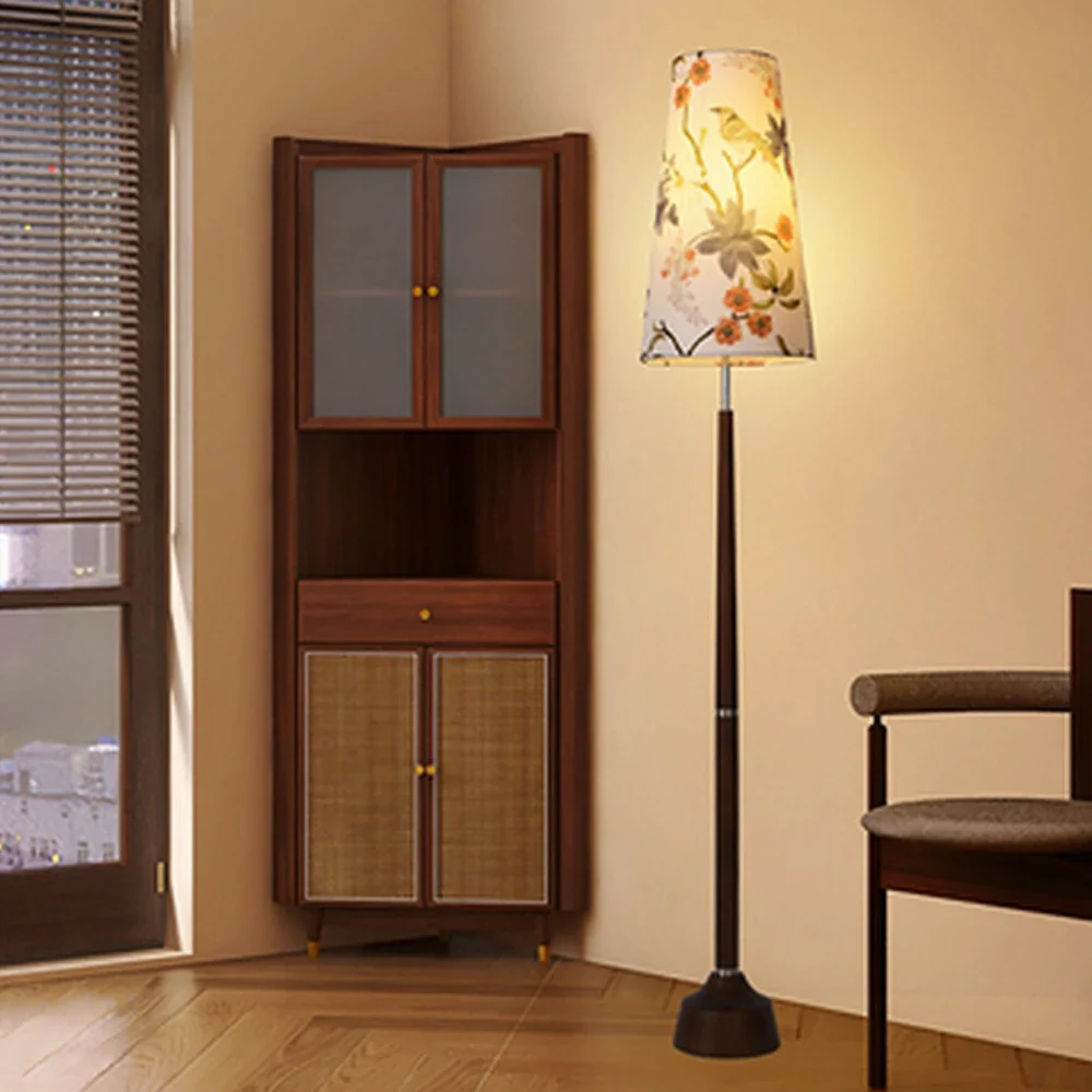 LIVARA Floor Lamp Soft Eye-Friendly Lighting Floral Fabric Shade Walnut-Tone Base Foot Switch Design - Image 2