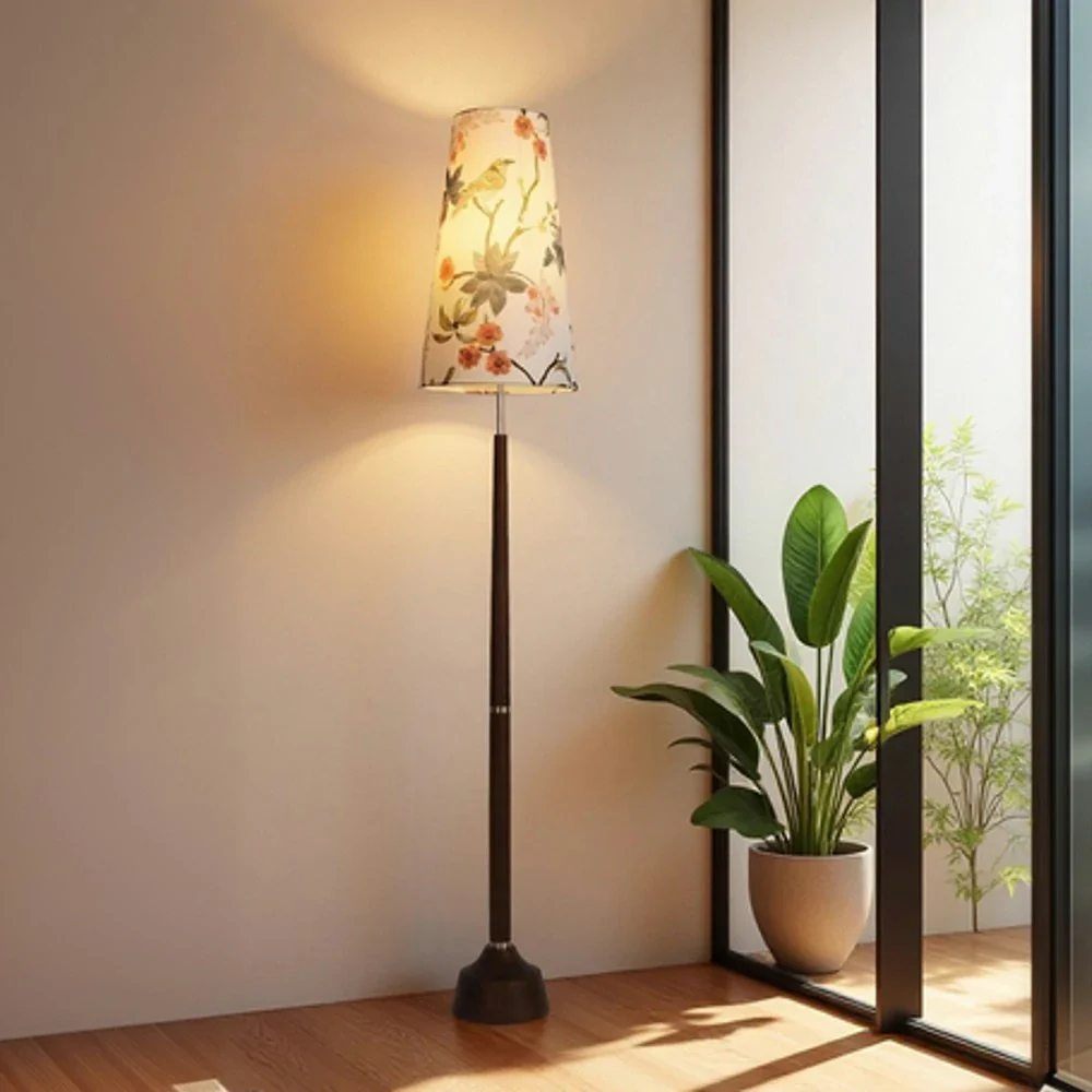 LIVARA Floor Lamp Soft Eye-Friendly Lighting Floral Fabric Shade Walnut-Tone Base Foot Switch Design - Image 4