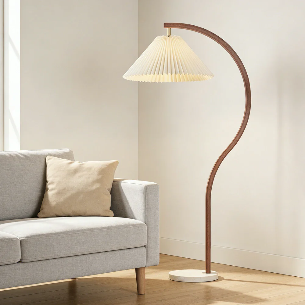 LIVARA Floor Lamp Three-Mode Lighting Fabric Shade Iron Body Marble Base Stable Design - Walnut - Image 4