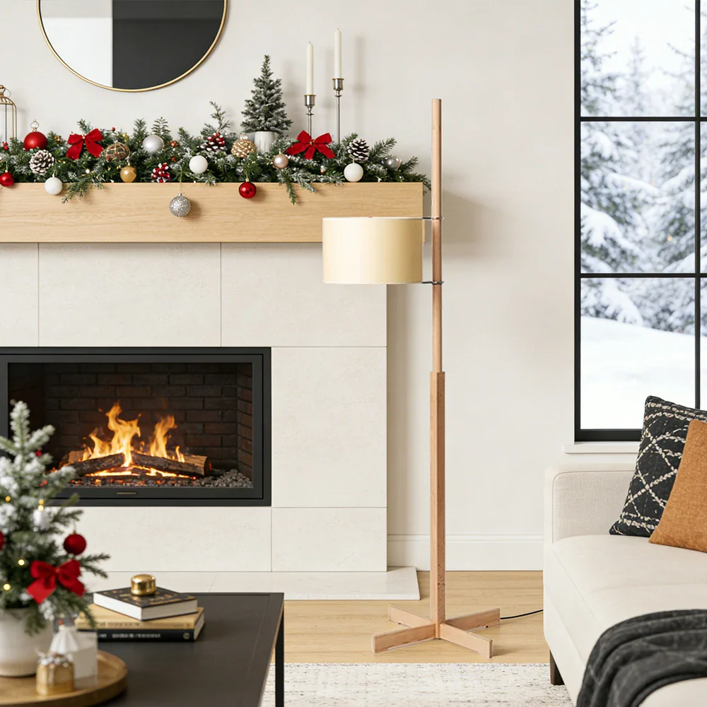 LIVARA Floor Lamp Soft Ambient Light Fabric Shade Wood-Grain Body Relaxed Home Style - Wood - Image 2