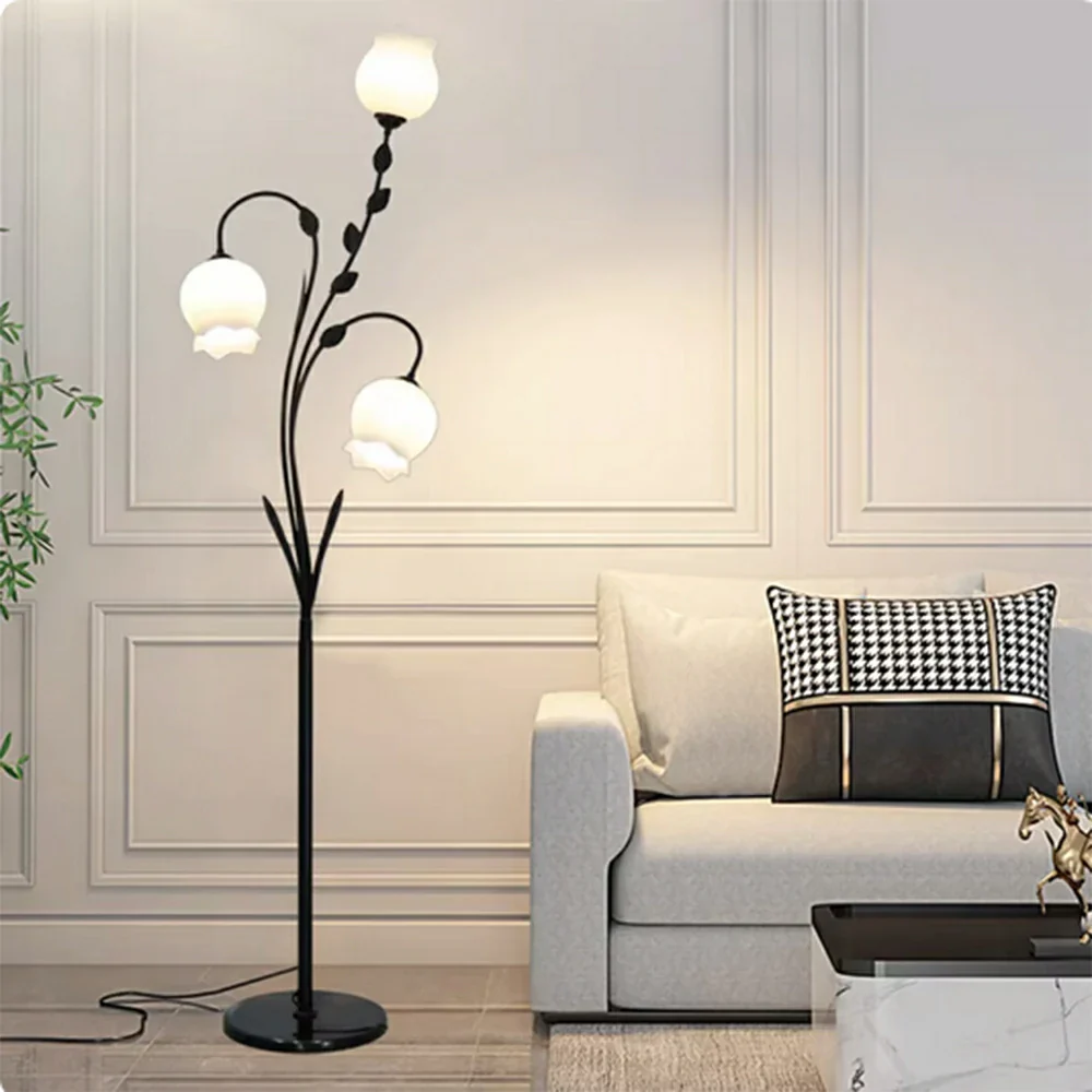 LIVARA Floor Lamp 9/12W Soft Ambient Lighting Glass Shade Triple-Flower Design Stable Marble Base - Black - Image 2